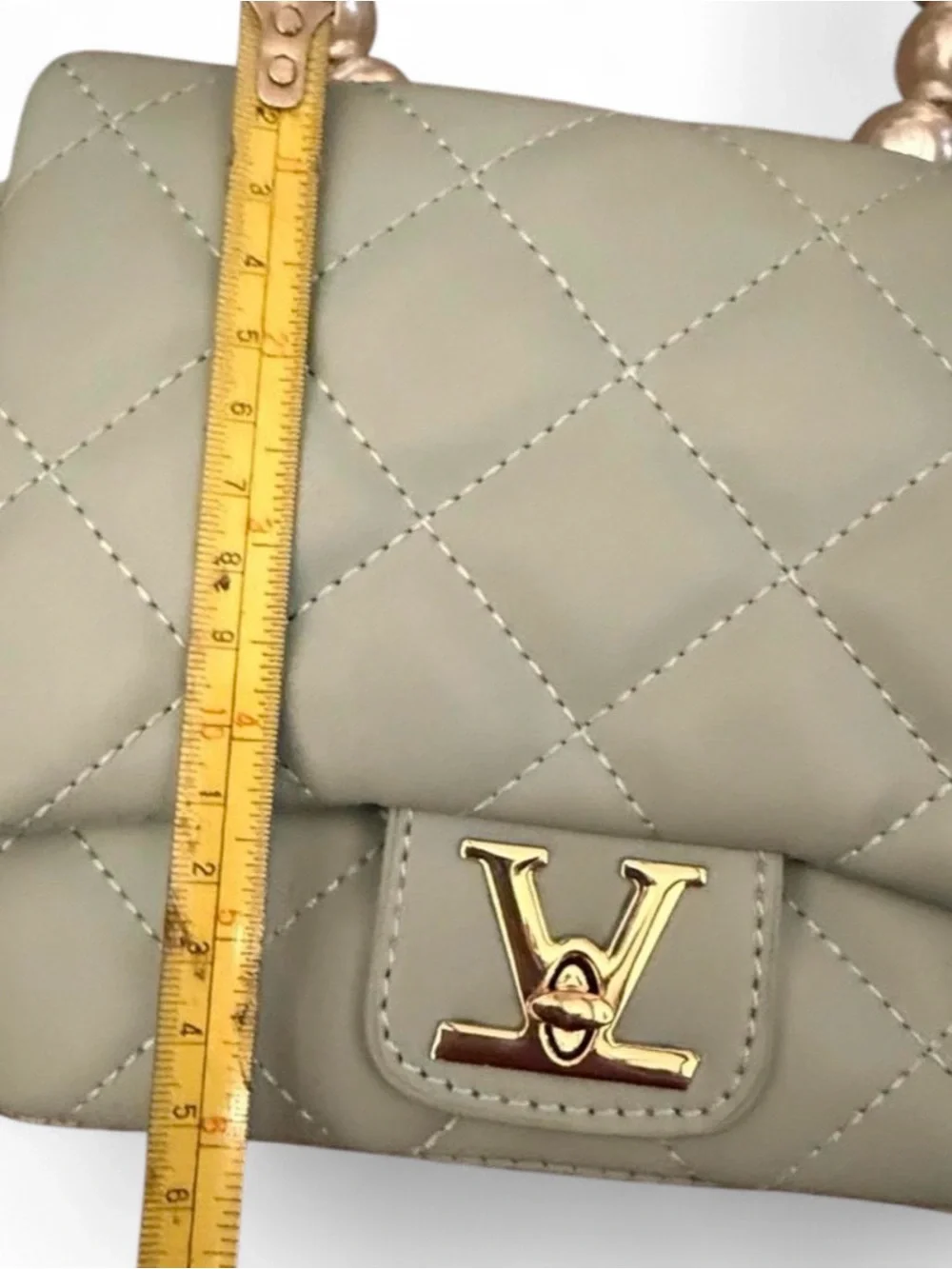 Quilted Kids Top-Handle Bag in Soft Blue Green with Gold Accent & Faux Pearls
